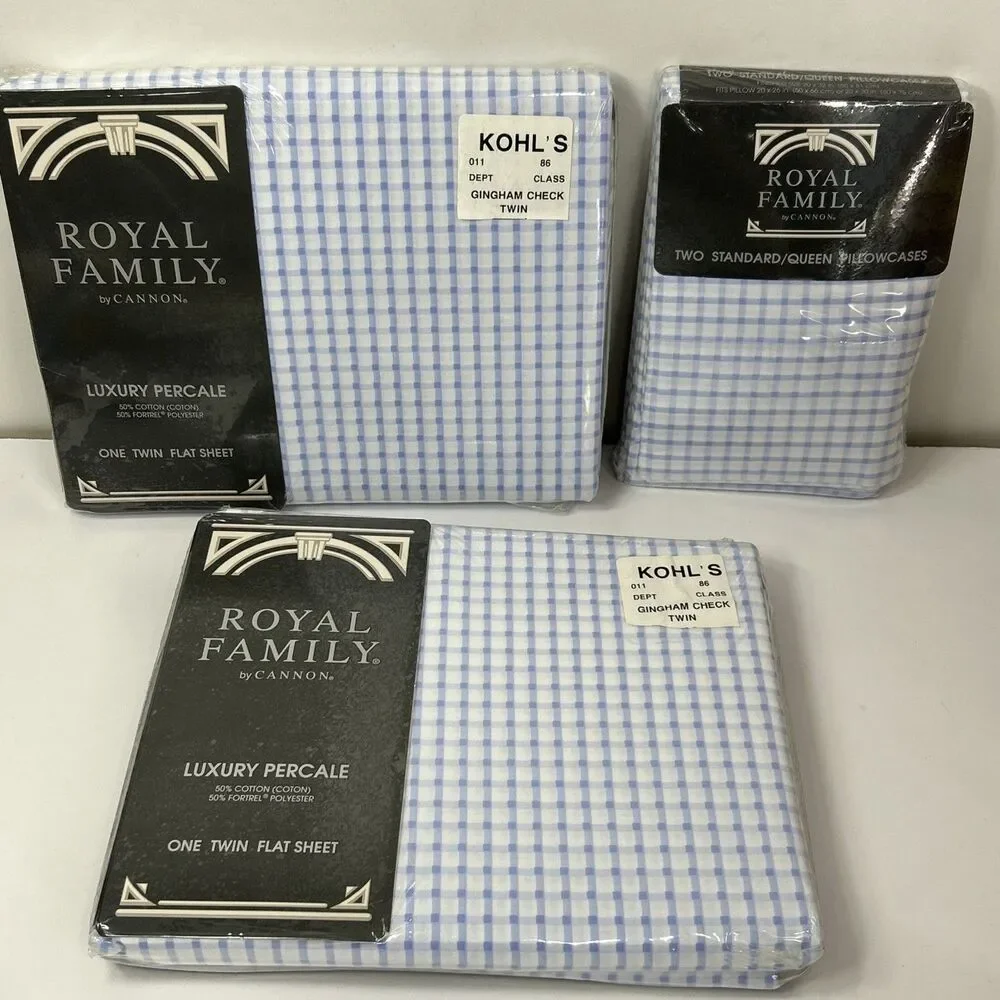 Vtg Royal Family Cannon 2 Twin Flat Sheet 2 Queen Pillowcase Blue Gingham NOS